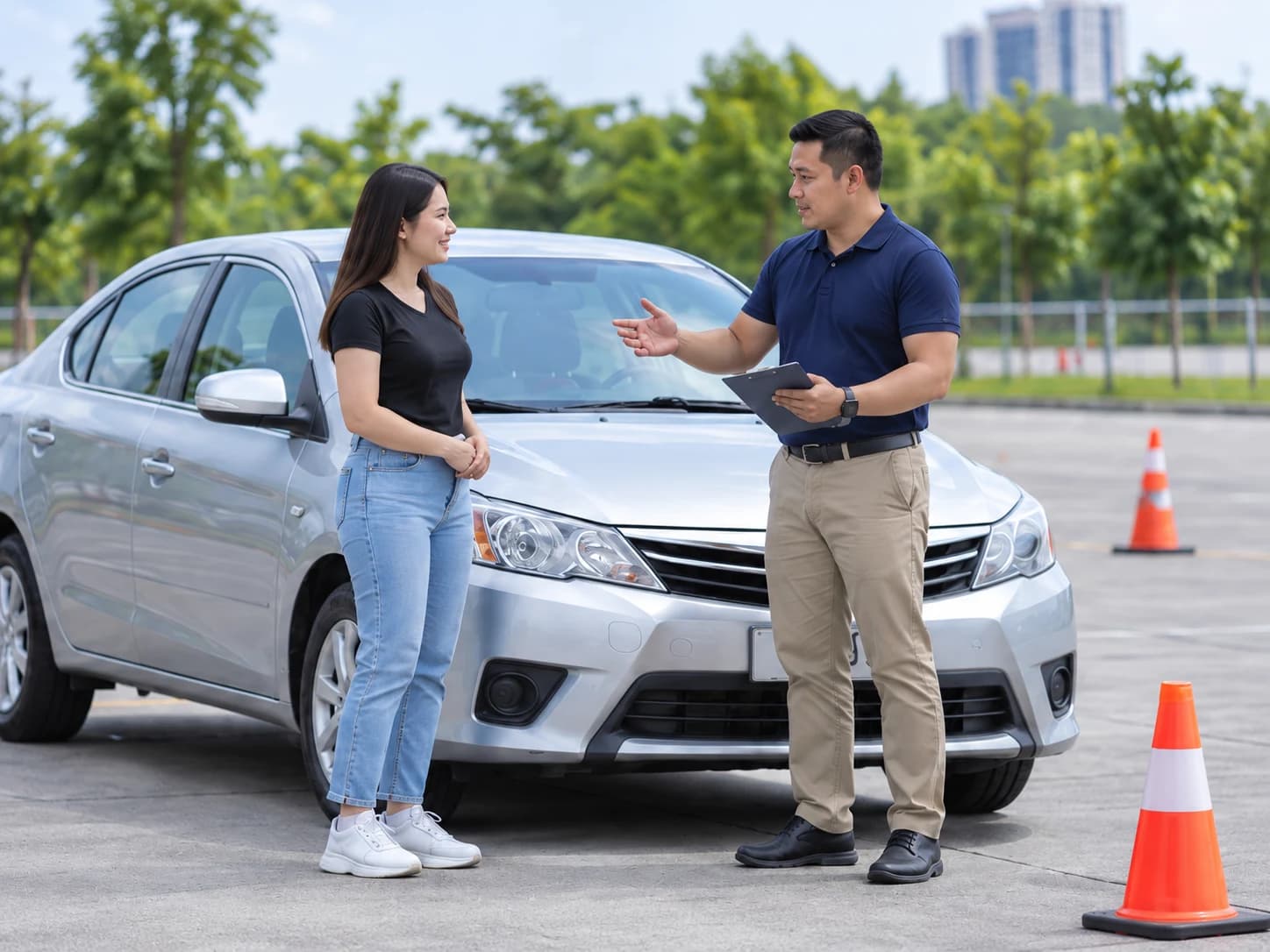 Illustrative learner and instructor discussing a lesson beside a silver sedan in a training area